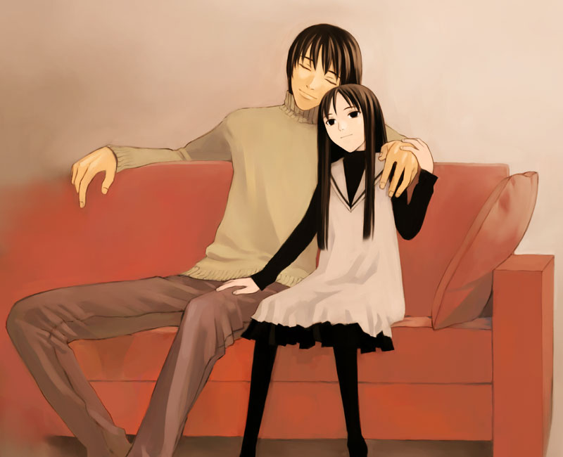 kuroe kurose, misaki minato, blood alone, black legwear, non-web source, black eyes, black hair, brown background, child, couch, dress, hand on another's thigh, head tilt, leaning on person, leaning to the side, long hair, pantyhose, red upholstery, sitting, sleeping, turtleneck