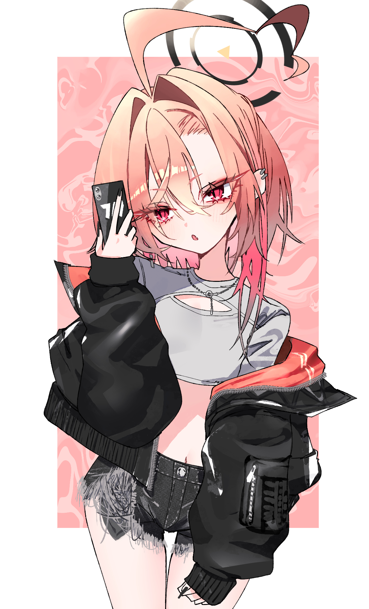 mo2upoyo, neru (blue archive), blue archive, highres, 1girl, ahoge, alternate costume, black coat, black shorts, cellphone, coat, crop top, cutoffs, denim, denim shorts, earrings, flat chest, grey shirt, gyaru, hair between eyes, hair over shoulder, halo, high-waist shorts, holding, holding phone, huge ahoge, jewelry, medium hair, millennium science school logo, navel, necklace, off-shoulder coat, off shoulder, open clothes, open coat, open mouth, orange hair, phone, pink background, red eyes, shirt, short shorts, shorts, slit pupils, smartphone, solo, standing, thigh gap