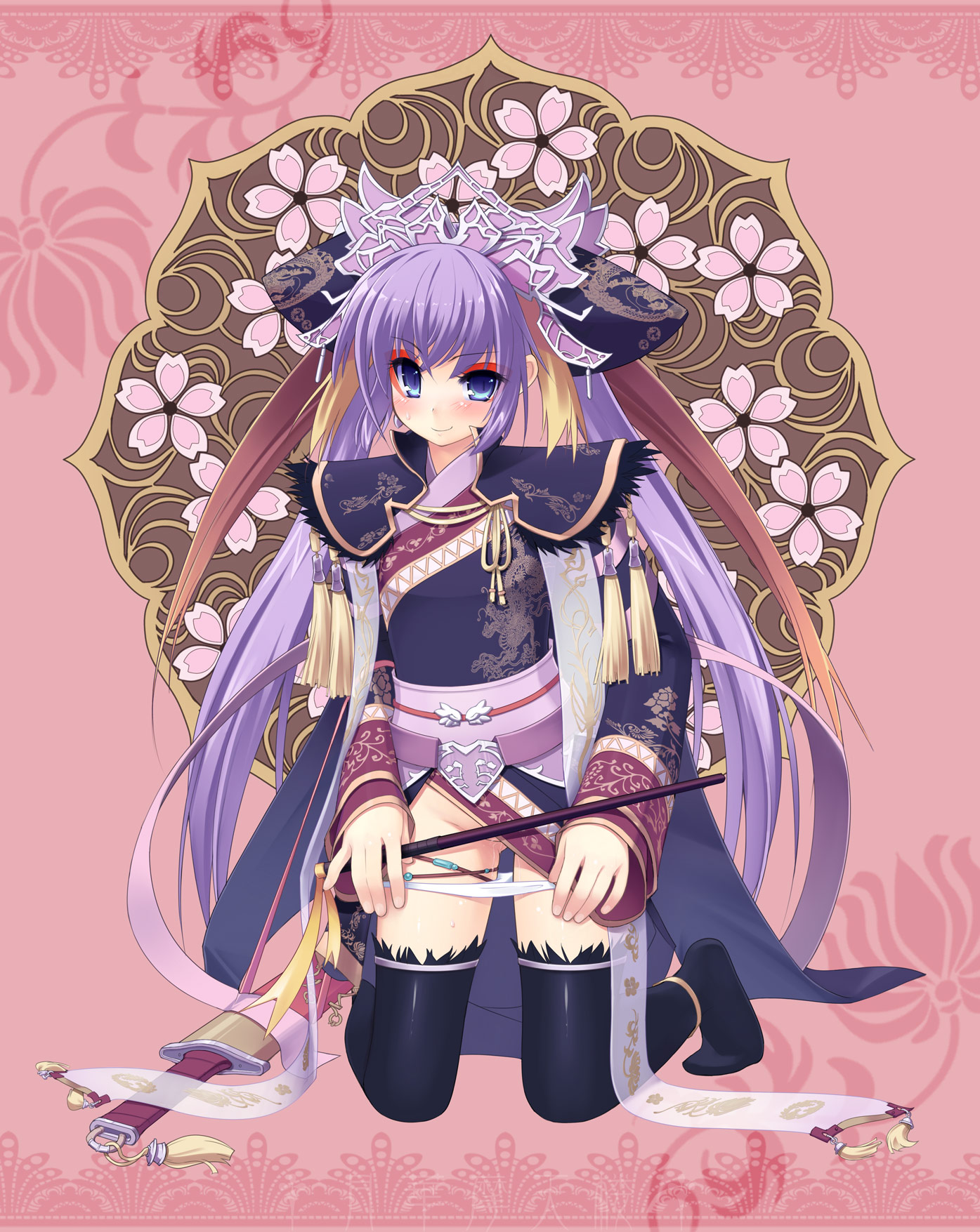 amasa mitsunaru, touhaku, sangokushi taisen, highres, 1girl, chinese clothes, eyeshadow, female focus, full body, hair ribbon, makeup, panties, panty pull, purple eyes, purple hair, pussy juice, ribbon, solo, thighhighs, underwear