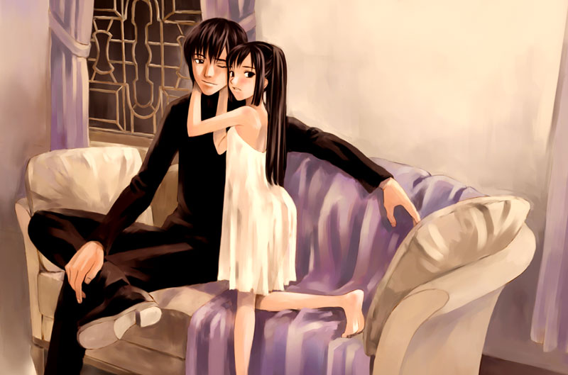kuroe kurose, misaki minato, blood alone, non-web source, barefoot, black eyes, black hair, child, couch, dress, looking back, one eye closed, vampire, window, wink