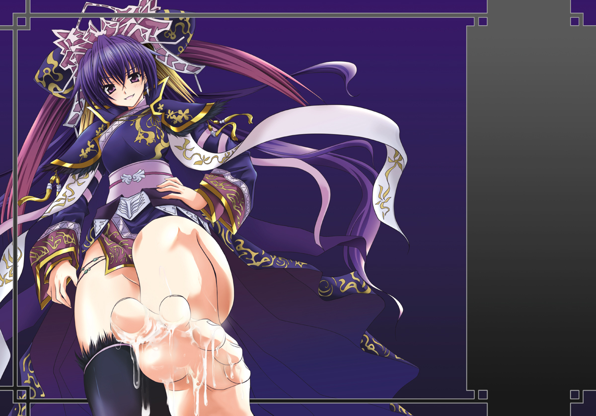 blindead, shibamine takashi, touhaku, sangokushi taisen, bad id, bad pixiv id, 1girl, barefoot, chinese clothes, cum, cum on body, cum on feet, cum on lower body, feet, footjob, gradient background, penis, purple hair, solo, thighhighs