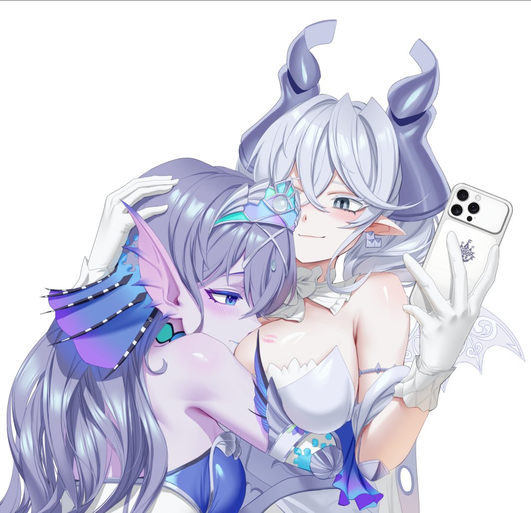 rare lemon, kitkallos (yu-gi-oh!), lovely labrynth of the silver castle, tearlaments kitkallos, yu-gi-oh!, 2girls, bare shoulders, blush, breasts, cellphone, cleavage, colored skin, demon girl, demon horns, dress, drill hair, duel monster, gloves, grey hair, holding, holding phone, horns, large breasts, long hair, multiple girls, phone, pointy ears, purple skin, simple background, smartphone, strapless, strapless dress, twin drills, white background, white dress, white gloves, yuri