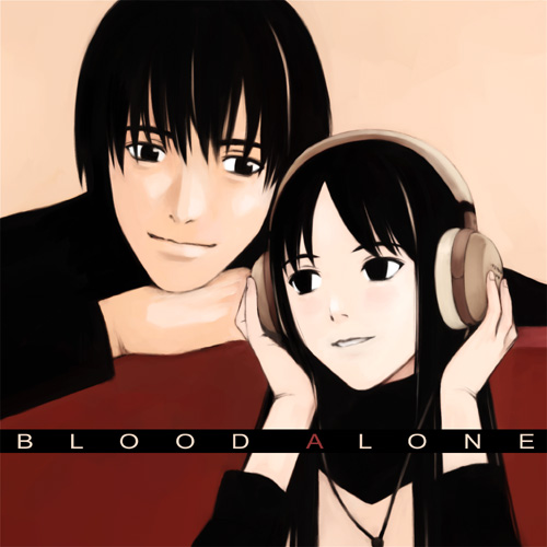 kuroe kurose, misaki minato, blood alone, lowres, non-web source, black eyes, black hair, child, headphones, long hair, smile, vampire