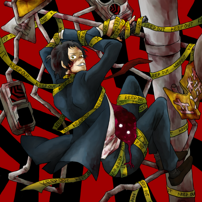 jyurietta, kounaien, adachi tooru, atlus, persona, persona 4, md5 mismatch, spoilers, 1boy, bdsm, blood, bondage, bound, brown hair, caution tape, crazy, gun, keep out, male focus, necktie, short hair, solo, weapon, yellow eyes