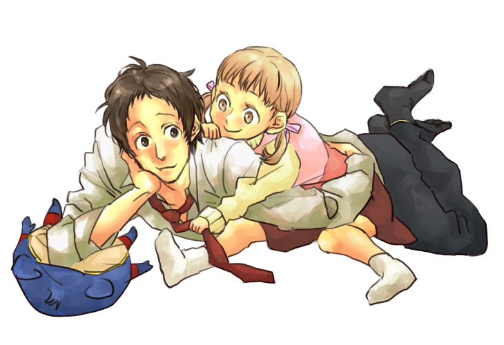 jyurietta, kounaien, adachi tooru, doujima nanako, kuma (persona 4), atlus, persona, persona 4, 1boy, 1girl, blonde hair, brown hair, child, lying, necktie
