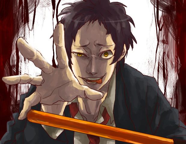 jyurietta, kounaien, adachi tooru, atlus, persona, persona 4, 1boy, brown hair, crazy, male focus, necktie, short hair, solo, tongue, yellow eyes