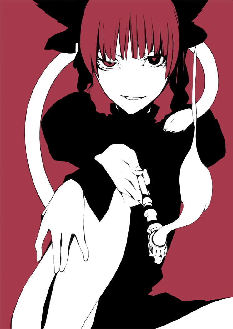 onigunsou, kaenbyou rin, touhou, 1girl, blunt bangs, braid, female focus, kiseru, legs, monochrome, no nose, nose, partially colored, raised eyebrow, red background, red hair, red theme, ribbon, simple background, smirk, smoke, smoking pipe, solo, tail, twin braids, uneven eyes