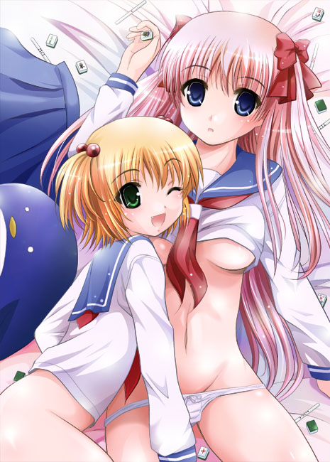 arino hiroshi, etopen, haramura nodoka, kataoka yuuki, saki (manga), 00s, 2girls, age difference, blonde hair, board game, bottomless, bow, bow panties, breasts, hair bow, holding, holding mahjong tile, loli, long hair, mahjong, mahjong tile, medium breasts, midriff, multiple girls, no bra, no pants, onee-loli, panties, panty pull, pink hair, school uniform, serafuku, twintails, two side up, underboob, underwear, white panties, yuri