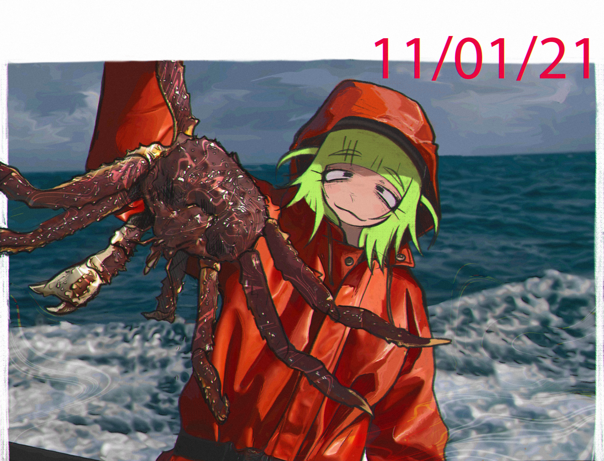pyoko (sandwicha), original, highres, 1girl, crab, dated, green hair, hat, hood, hood up, ocean, water