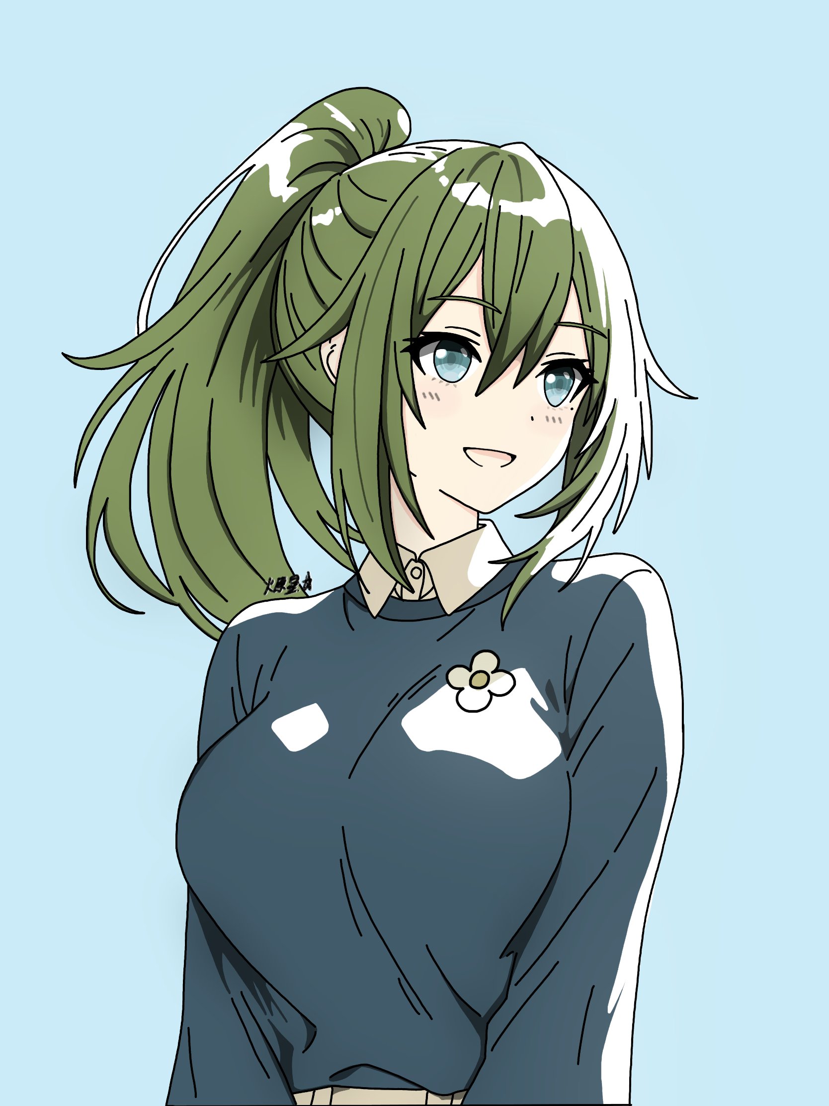 venus (zenless zone zero), zenless zone zero, commentary, english commentary, highres, 1girl, belt, blue background, blue eyes, blue shirt, blush, breasts, green hair, hair between eyes, hibarakirari, long hair, looking to the side, open mouth, pants, ponytail, shirt, solo, upper body, white pants, white shirt