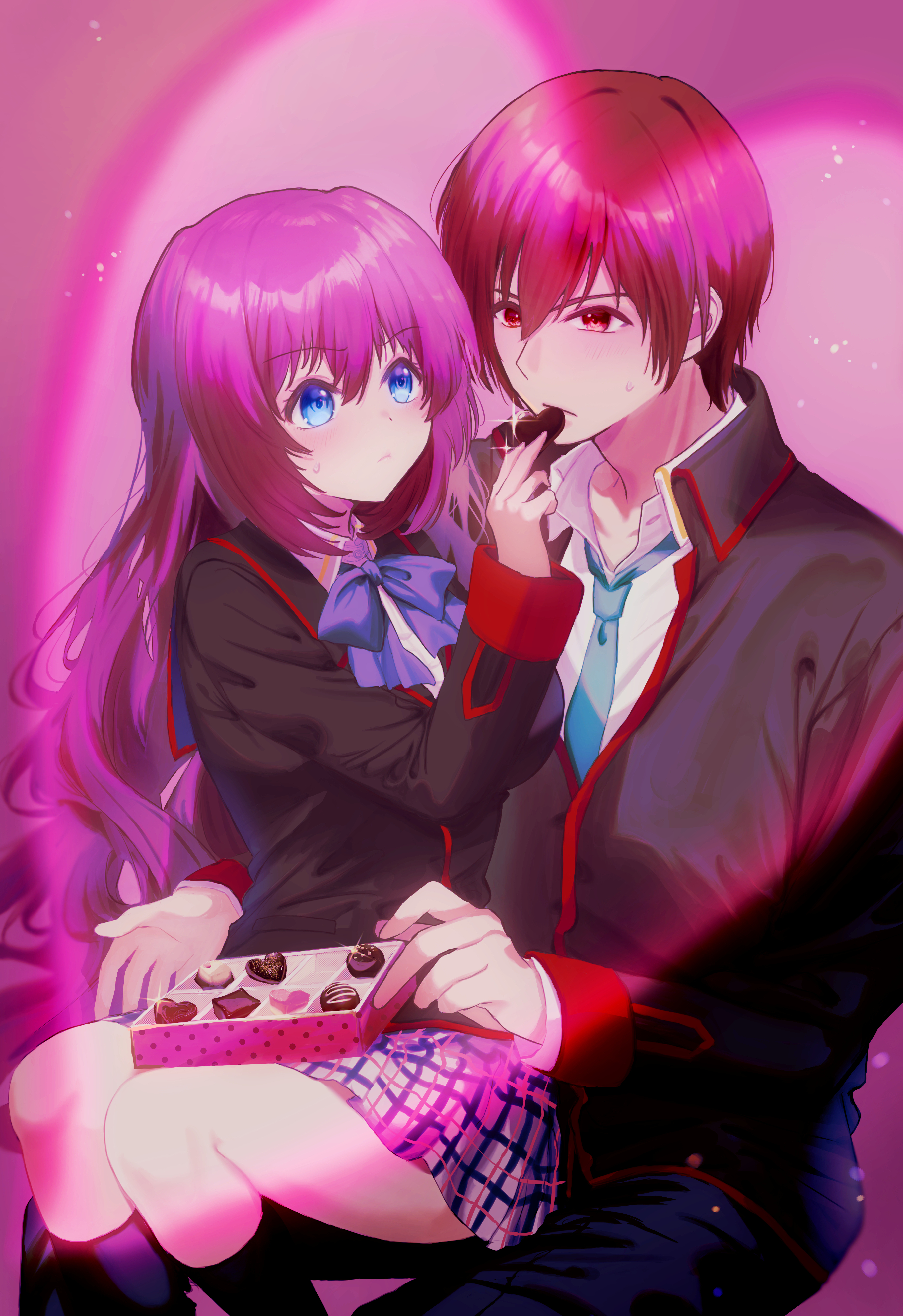 miiizuno lbs, a-chan (little busters!), natsume kyousuke, little busters!, absurdres, commentary request, highres, 1boy, 1girl, awkward, black jacket, black pants, black socks, blazer, blue bow, blue necktie, blush, bow, brown hair, candy, chocolate, chocolate heart, collared shirt, couple, eyelashes, feeding, feet out of frame, food, frown, grey skirt, hair between eyes, hand up, heart, heart-shaped food, hetero, hug, hug from behind, jacket, kneehighs, little busters! school uniform, long hair, long sleeves, looking at another, miniskirt, necktie, pants, pink background, plaid clothes, plaid skirt, purple hair, school uniform, shirt, short hair, shy, simple background, sitting, sitting on lap, sitting on person, skirt, socks, sparkle, sweatdrop, tareme, tsurime, valentine, very long hair, wavy hair, white shirt