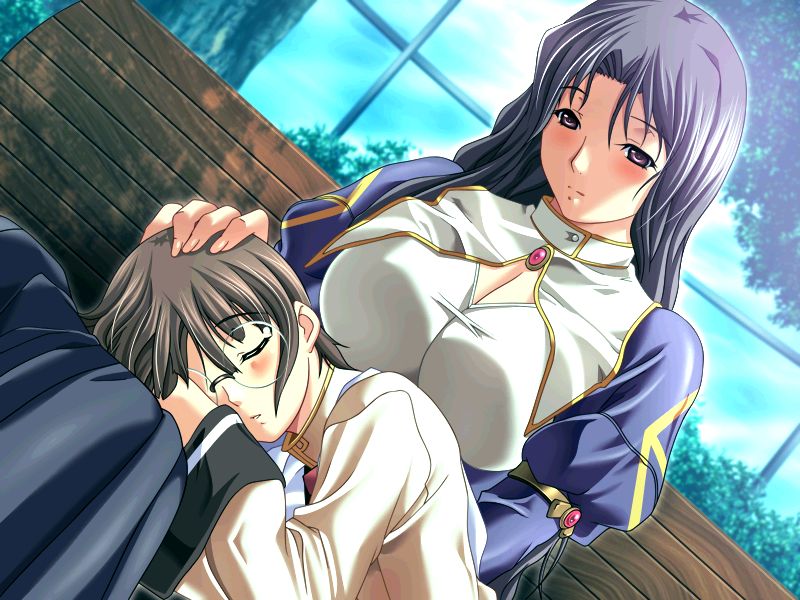 m&m, eclair burnet, maho, magical witch academy, bad tag, game cg, tagme, 00s, 1boy, 1girl, blush, breasts, brooch, brown eyes, brown hair, cleavage, cleavage cutout, closed eyes, closed mouth, clothing cutout, dress, fingernails, glasses, grey hair, hand on another's head, hgame, jewelry, large breasts, long fingernails, long hair, long sleeves, looking at another, looking down, lying, on lap, puffy sleeves, sitting, sky