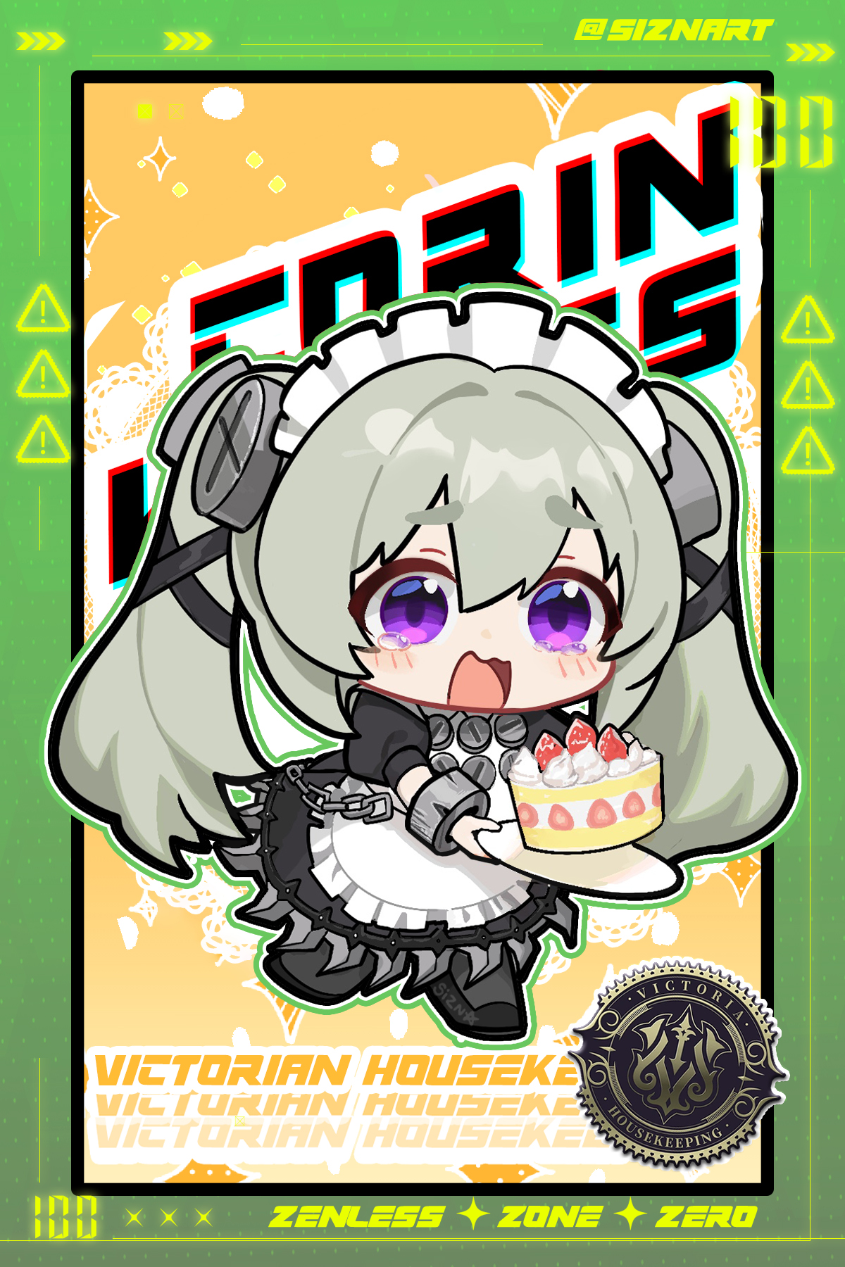 sizna (sangrde), corin wickes, zenless zone zero, commentary, english commentary, highres, 1girl, apron, artist name, black dress, blush, cake, chain, character name, chibi, chibi only, copyright name, dress, food, green hair, hair between eyes, holding, holding tray, long hair, maid, maid headdress, open mouth, puffy short sleeves, puffy sleeves, purple eyes, screw hair ornament, short sleeves, solo, strawberry cake, tray, twintails, white apron