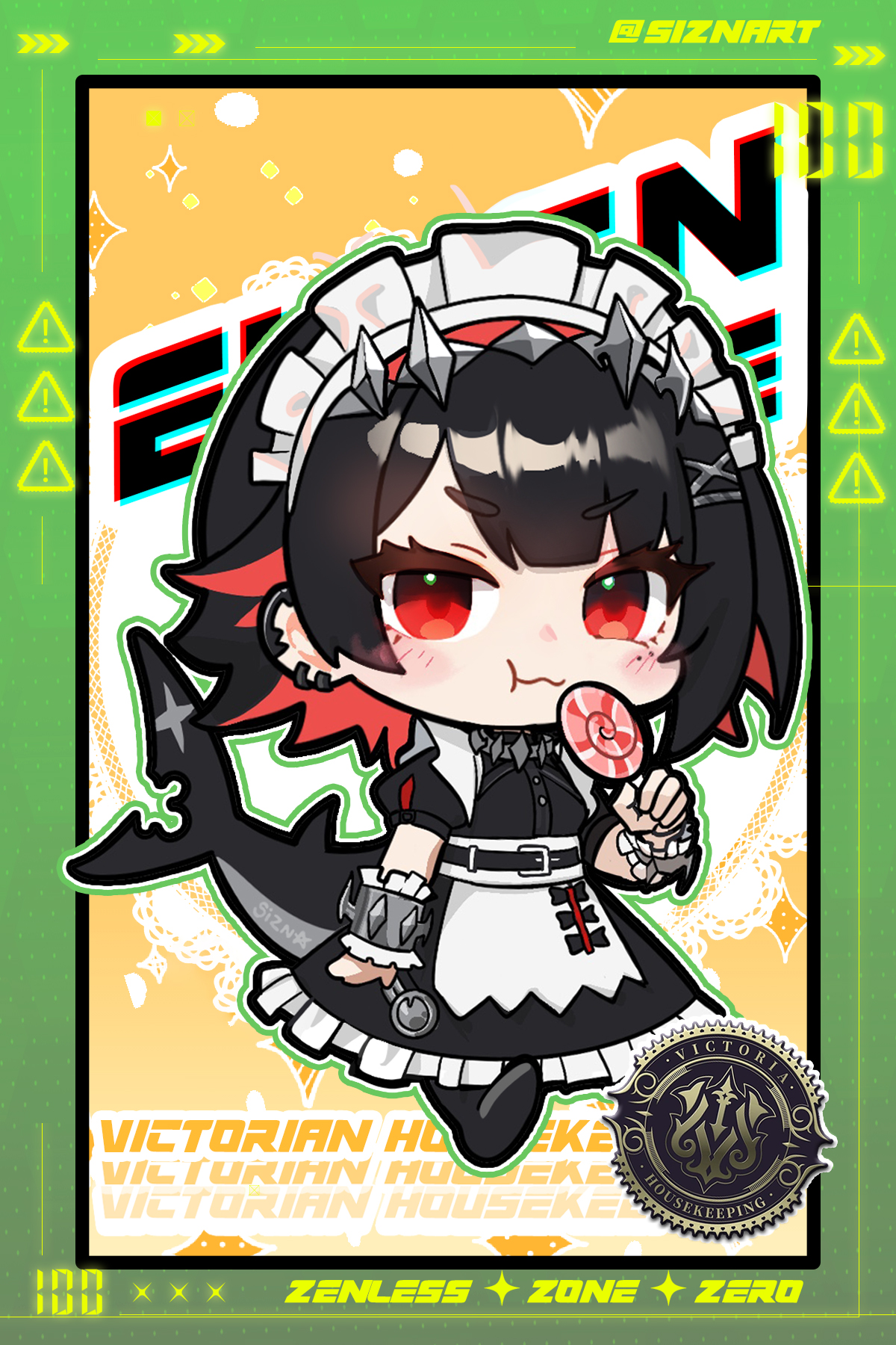 sizna (sangrde), ellen joe, zenless zone zero, commentary, english commentary, highres, 1girl, artist name, black hair, blush, candy, character name, chibi, chibi only, colored inner hair, copyright name, fins, fish tail, food, hair ornament, hairband, holding, holding candy, holding food, holding lollipop, lollipop, looking at viewer, maid, maid headdress, metal hairband, mole, mole under eye, multicolored hair, red eyes, red hair, scar, scar on tail, shark girl, shark tail, short hair, solo, spiked headband, tail, two-tone hair