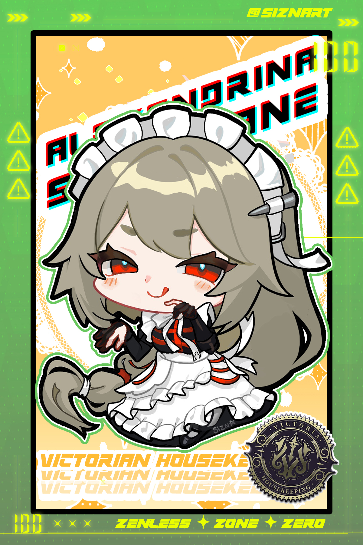 sizna (sangrde), alexandrina sebastiane, zenless zone zero, commentary, english commentary, highres, 1girl, apron, black gloves, blush, character name, chibi, chibi only, copyright name, dress, gloves, grey hair, hair between eyes, long hair, maid, maid headdress, partially fingerless gloves, red eyes, smile, solo, very long hair