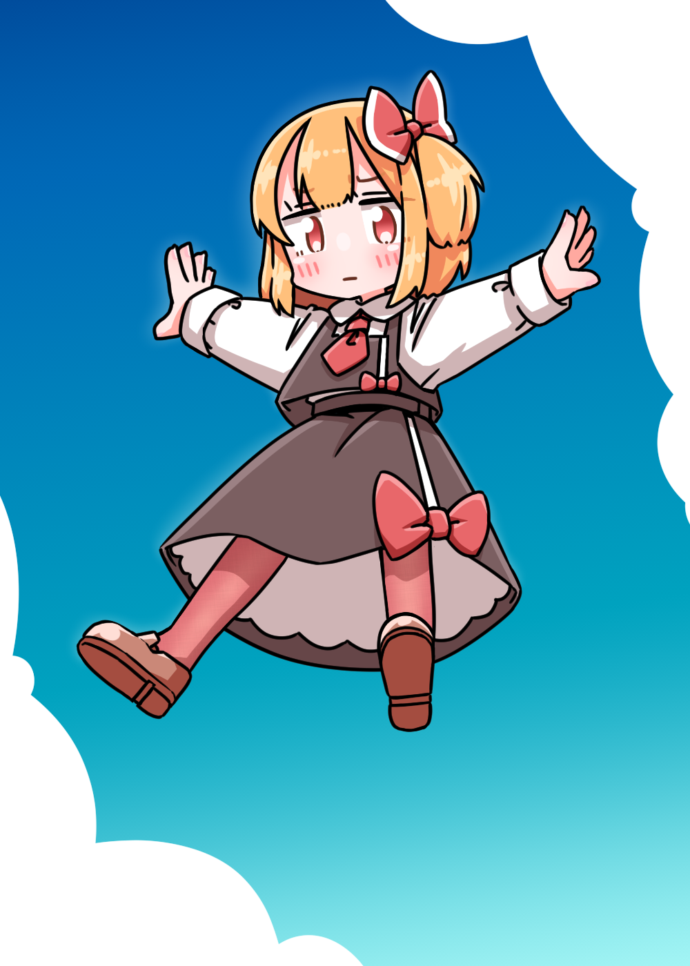 roco (katsuya1011), rumia, touhou, commentary request, highres, textless version, 1girl, ascot, black skirt, black vest, blonde hair, blue sky, blush, bow, brown shoes, closed mouth, cloud, collared shirt, floating, hair bow, loafers, long sleeves, looking at viewer, outdoors, outstretched arms, pantyhose, red ascot, red bow, red eyes, red pantyhose, shirt, shoes, skirt, skirt set, sky, solo, spoken blush, spread arms, vest, white shirt
