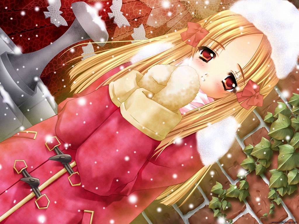 1girl, blonde hair, blush, cold, female focus, flower, fountain, long hair, red eyes, rose, snow, solo, winter cap, winter clothes