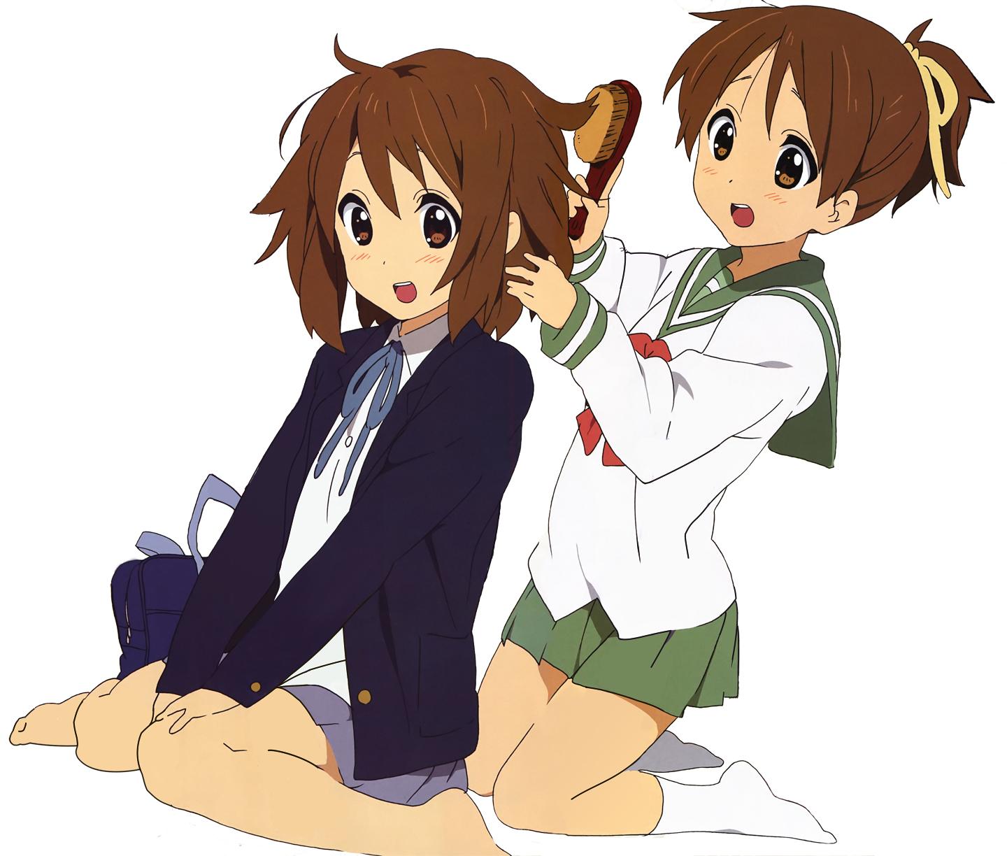 sjmartin123, hirasawa ui, hirasawa yui, k-on!, bad id, bad pixiv id, highres, 00s, 2girls, barefoot, brown eyes, brown hair, brushing another's hair, brushing hair, hair brush, multiple girls, ponytail, school uniform, serafuku, siblings, sisters, socks