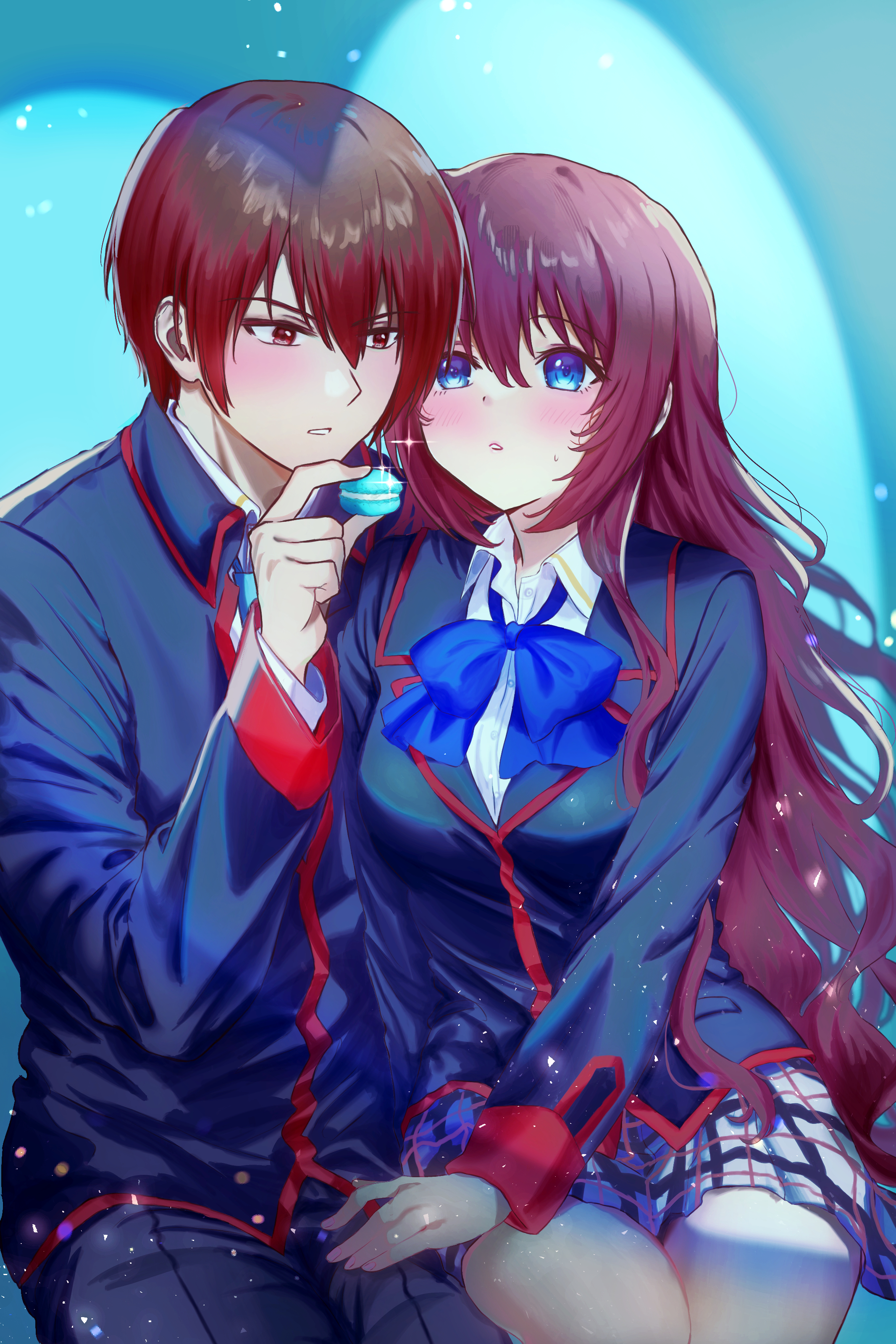 miiizuno lbs, a-chan (little busters!), natsume kyousuke, little busters!, absurdres, commentary request, highres, 1boy, 1girl, black jacket, black pants, blue background, blue bow, blue eyes, blush, bow, brown hair, collared shirt, couple, cowboy shot, curvy, eyelashes, food, grey skirt, hair between eyes, hand on another's thigh, hand up, heart, hetero, holding, holding food, jacket, light particles, little busters! school uniform, long hair, long sleeves, looking at another, macaron, miniskirt, pants, parted lips, plaid clothes, plaid skirt, pleated skirt, red eyes, school uniform, shirt, short hair, shy, side-by-side, simple background, sitting, skirt, sparkle, straight hair, sweatdrop, tsurime, v-shaped eyebrows, very long hair, wavy hair, white day, white shirt