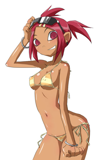 sari sumdac, transformers, transformers animated, artist request, non-web source, 1girl, bikini, bracelet, dark-skinned female, dark skin, female focus, indian clothes, jewelry, navel, red eyes, red hair, sari, short twintails, smile, solo, string bikini, sunglasses, swimsuit, twintails