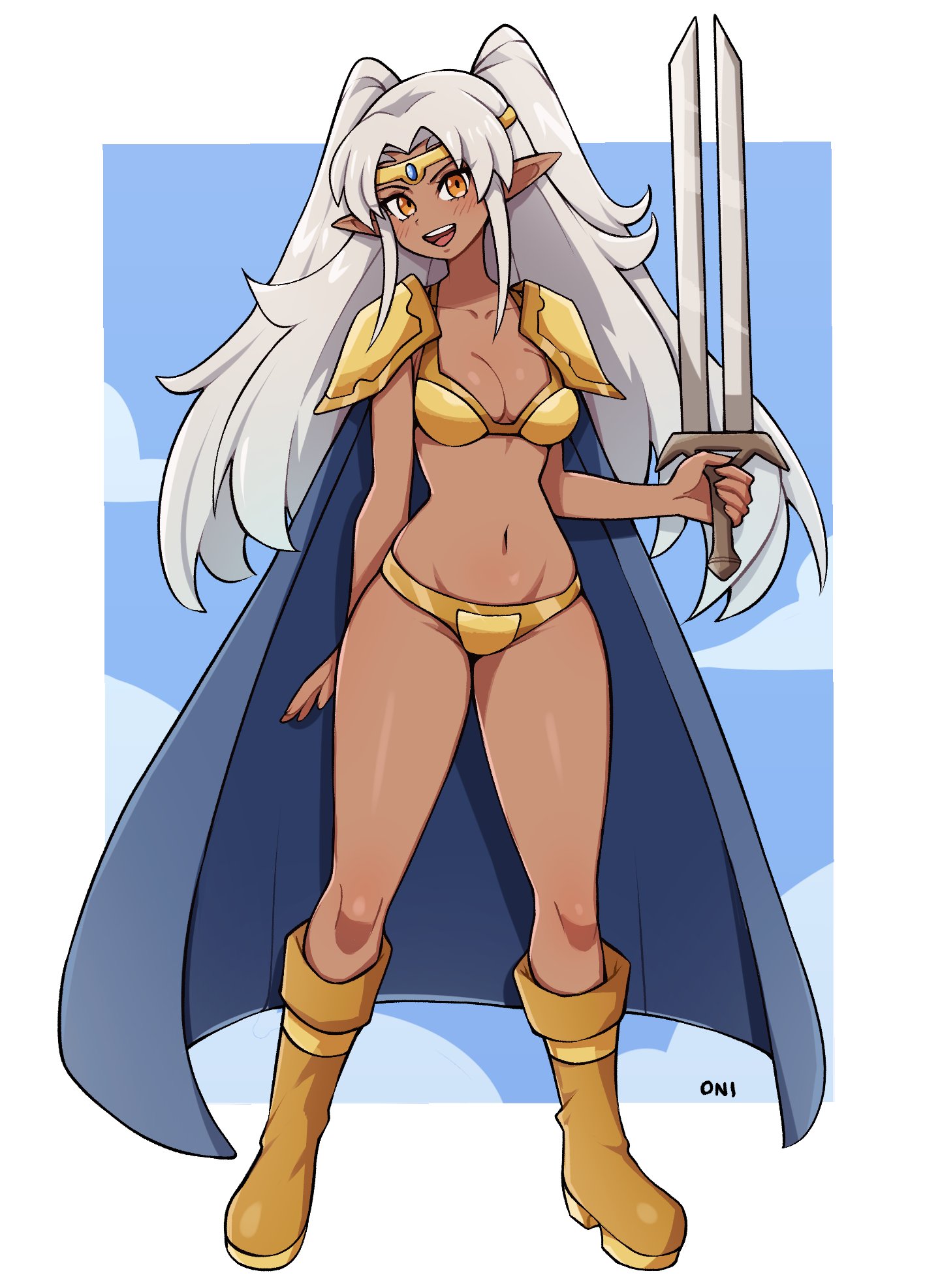 oninuer, original, commentary, commission, english commentary, highres, 1girl, armor, bikini armor, blue background, boots, border, breasts, cleavage, dark-skinned female, dark skin, full body, holding, holding sword, holding weapon, knee boots, long hair, looking at viewer, medium breasts, navel, open mouth, orange eyes, outside border, pointy ears, shoulder armor, sidelocks, smile, solo, sword, twintails, weapon, white border, white hair, yellow armor, yellow boots