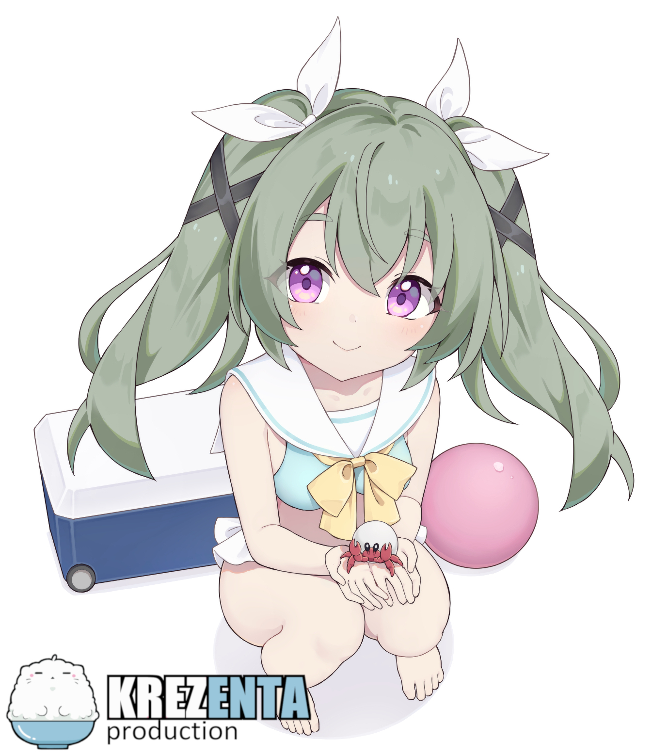 krezenta, corin wickes, zenless zone zero, highres, 1girl, alternate costume, animal, artist name, blue sailor collar, blush, bow, breasts, cooler, green hair, hair between eyes, hair bow, hermit crab, holding, holding animal, long hair, looking at viewer, purple eyes, sailor collar, simple background, small breasts, smile, solo, squatting, swimsuit, twintails, white background, white bow