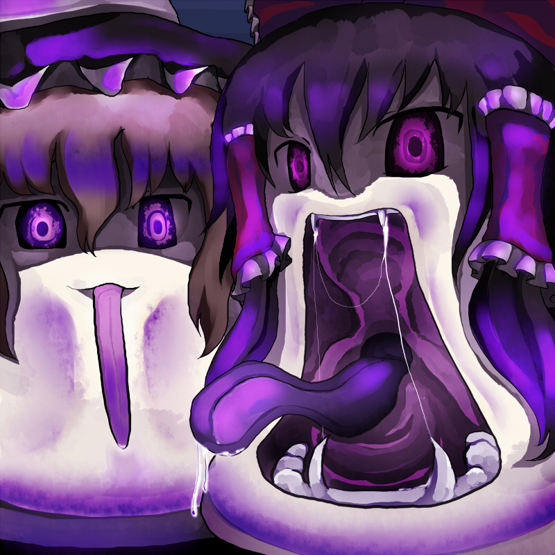 shinta (artist), tokoroten (hmmuk), hakurei reimu, kirisame marisa, touhou, bad id, bad pixiv id, creepy, deformed, fangs, female focus, hat, horror (theme), no humans, purple eyes, short hair, tongue, what, yukkuri shiteitte ne