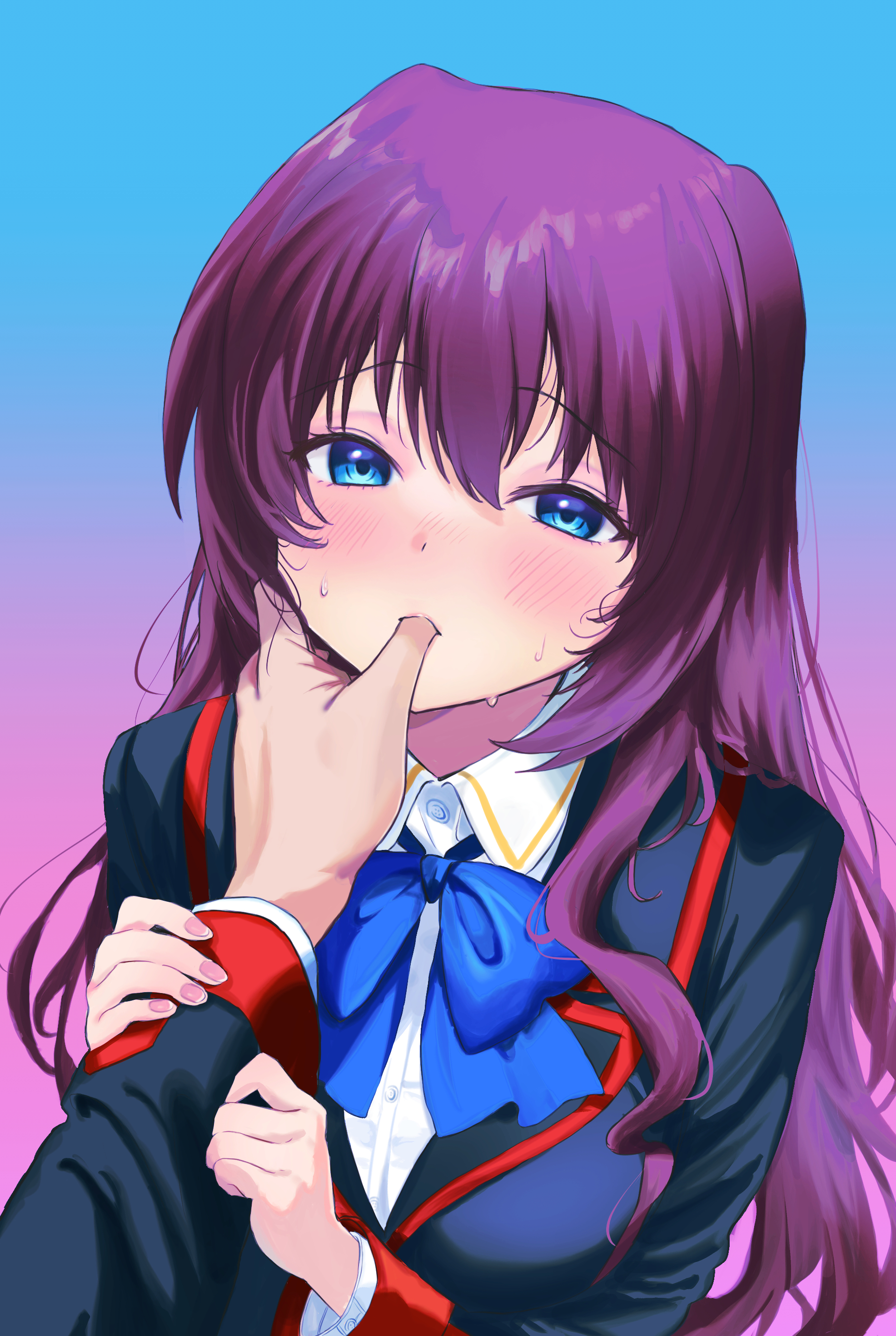 miiizuno lbs, a-chan (little busters!), natsume kyousuke, little busters!, absurdres, commentary request, highres, 1boy, 1girl, black jacket, blue background, blue bow, blue eyes, blush, bow, breasts, collared shirt, eyelashes, finger in another's mouth, finger sucking, fingernails, grabbing another's arm, gradient background, hair between eyes, half-closed eyes, hands up, hetero, jacket, large breasts, little busters! school uniform, long hair, long sleeves, looking at viewer, nose blush, pink background, pov, pov hands, purple hair, school uniform, shirt, sidelocks, simple background, solo focus, sweat, tsurime, very long hair, wavy hair, white shirt