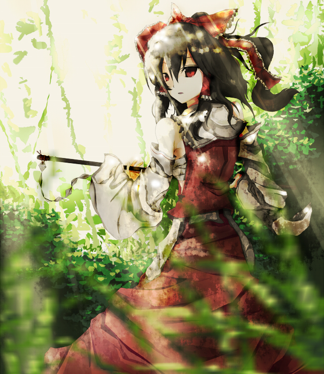 tokoroten (hmmuk), hakurei reimu, touhou, bad id, bad pixiv id, 1girl, black hair, bow, detached sleeves, female focus, gohei, hair bow, japanese clothes, miko, nature, outdoors, plant, red eyes, sarashi, skirt, solo