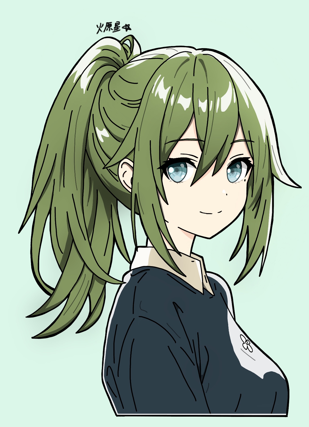 venus (zenless zone zero), zenless zone zero, commentary, commentary request, english commentary, highres, partial commentary, 1girl, blue eyes, blue shirt, closed mouth, from side, green background, green hair, hair between eyes, hibarakirari, long hair, looking at viewer, mole, mole under eye, ponytail, shirt, smile, solo, upper body