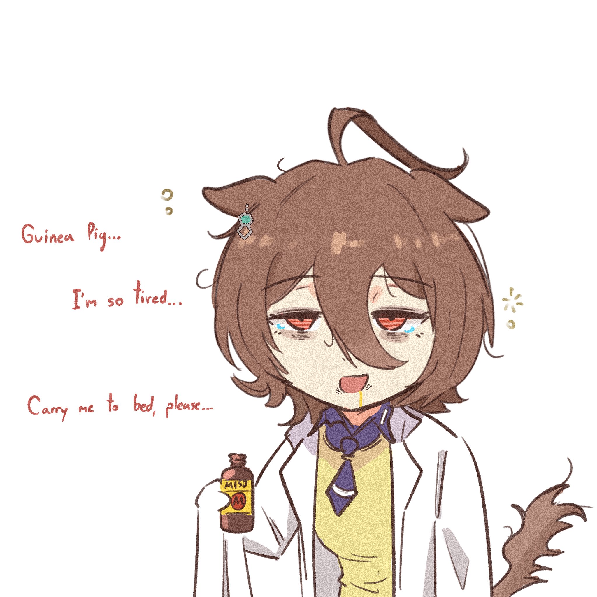 johnholl0w, agnes tachyon (tach-nology) (umamusume), agnes tachyon (umamusume), umamusume, highres, 1girl, ahoge, animal ears, bags under eyes, bottle, brown hair, coat, drooling, earrings, ears down, english text, hair between eyes, holding, holding bottle, horse ears, horse girl, horse tail, huge ahoge, jewelry, lab coat, long sleeves, looking at viewer, medium hair, necktie, open mouth, red eyes, shirt, short necktie, single earring, sleepy, sleeves past fingers, sleeves past wrists, solo, sweater, sweater vest, tail, upper body, white coat, yellow sweater, yellow sweater vest