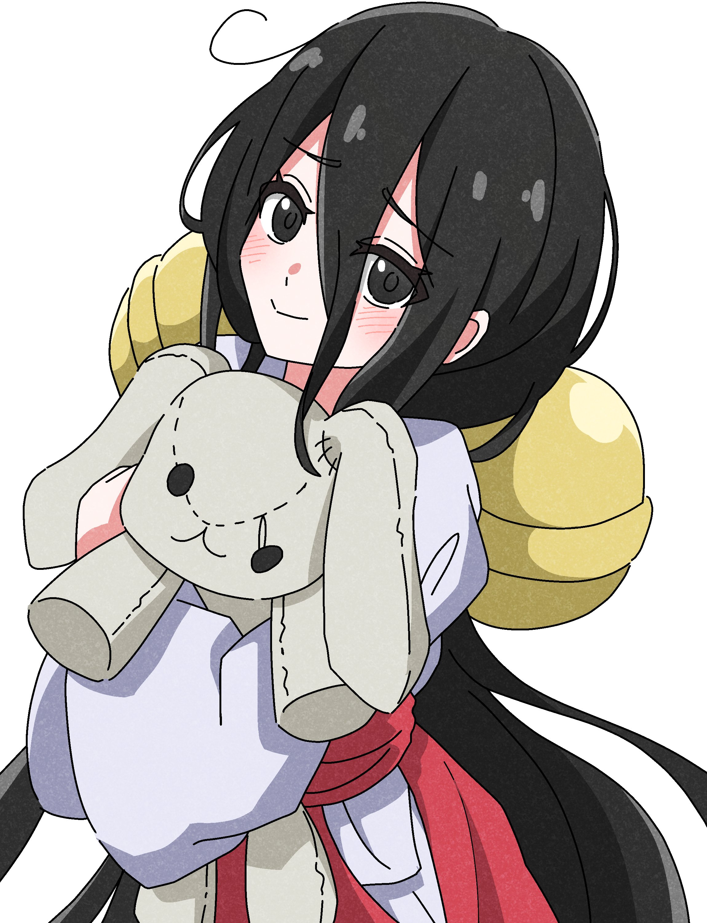 chuugoku usagi, voicevox, absurdres, hashtag-only commentary, highres, 1girl, bell, black eyes, black hair, blush, hair bell, hair between eyes, hair ornament, hakama, hakama skirt, head tilt, holding, holding stuffed toy, hugging doll, hugging object, japanese clothes, jingle bell, kimono, long hair, long hair between eyes, long sleeves, lonsooooooooo, looking at viewer, loose hair strand, miko, raised inner eyebrows, red hakama, sidelocks, simple background, skirt, smile, solo, stuffed animal, stuffed rabbit, stuffed toy, upper body, very long hair, white background, white kimono, wide sleeves