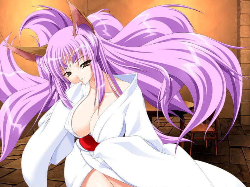 ikazuchi no senshi raidy, ikazuchi no senshi raidy ii, game cg, 1girl, animal ears, breasts, cleavage, female focus, fox ears, japanese clothes, kimono, large breasts, long hair, looking at viewer, no bra, purple hair, smile, solo