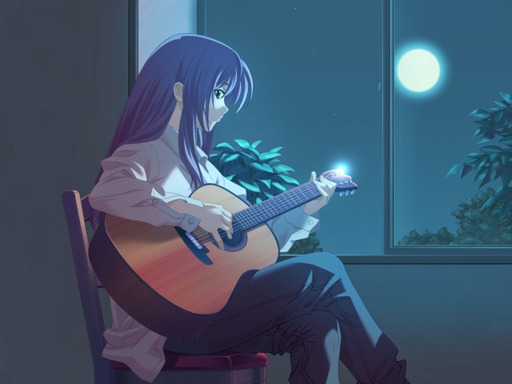 kurosaki, norita, fuzuki ryouko, getsuyoutei nite, yarukibako, game cg, resized, upscaled, 1girl, acoustic guitar, anime coloring, buttons, chair, collared shirt, crossed legs, dark, denim, dress shirt, female focus, from side, full moon, green eyes, guitar, holding, indoors, instrument, jeans, long hair, long sleeves, looking back, moon, moonlight, music, night, night sky, pants, playing instrument, profile, purple eyes, purple hair, shirt, side slit, sidelocks, sitting, sky, solo, tree, unbuttoned, white shirt, window