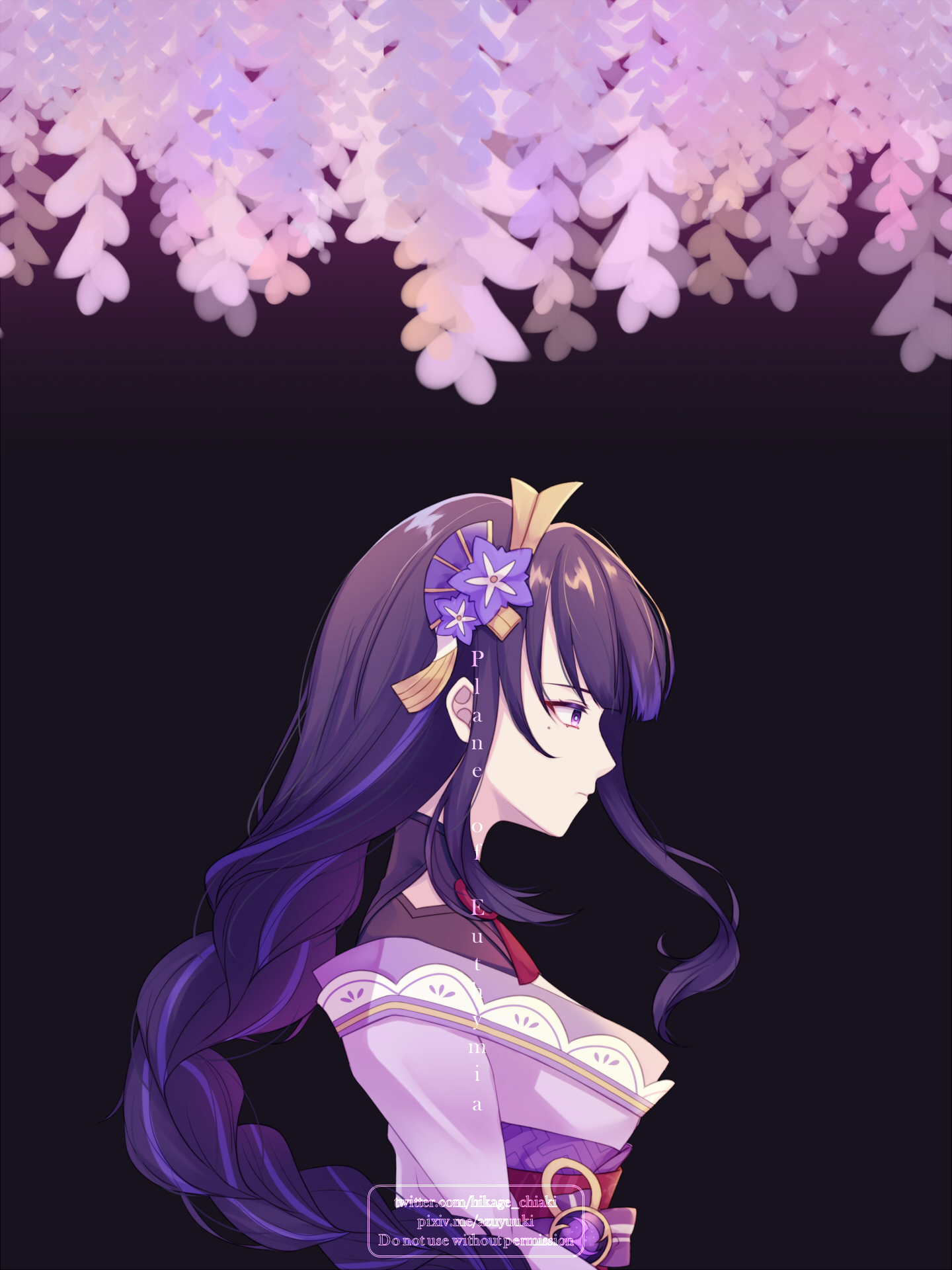 azuyuki, raiden shogun, genshin impact, commentary, english commentary, highres, 1girl, artist name, black background, blue pupils, blunt bangs, blurry, braid, closed mouth, clothing cutout, depth of field, english text, eyeliner, fan hair ornament, flower, flower ornament, from side, hair ornament, japanese clothes, kimono, long braid, long hair, long sleeves, makeup, mole, mole under eye, multicolored eyes, multicolored hair, neck ribbon, off shoulder, purple eyes, purple kimono, red eyeliner, red ribbon, red sash, ribbon, sash, shoulder cutout, single braid, solo, standing, streaked hair, upper body, watermark, wide sleeves, wisteria