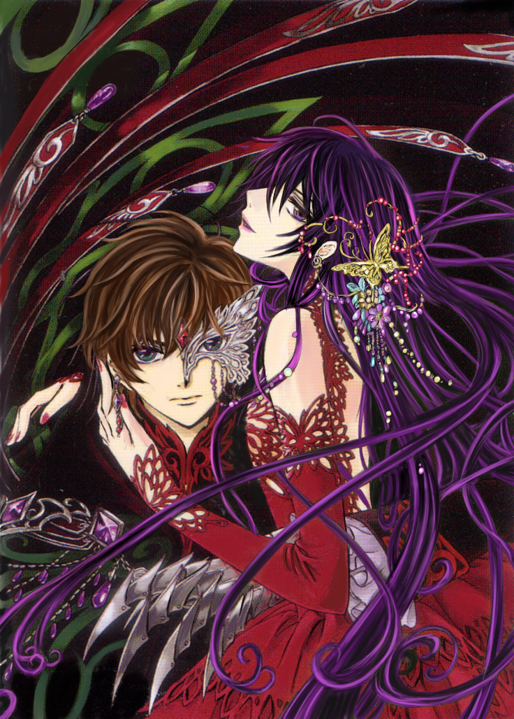 kaoru, kururugi suzaku, luluko, code geass, bad id, bad pixiv id, 2boys, brown hair, bug, butterfly, couple, crossdressing, crossdressing (mtf), dress, formal clothes, insect, lipstick, makeup, multiple boys, nail polish, parody, purple eyes, purple hair, red nails