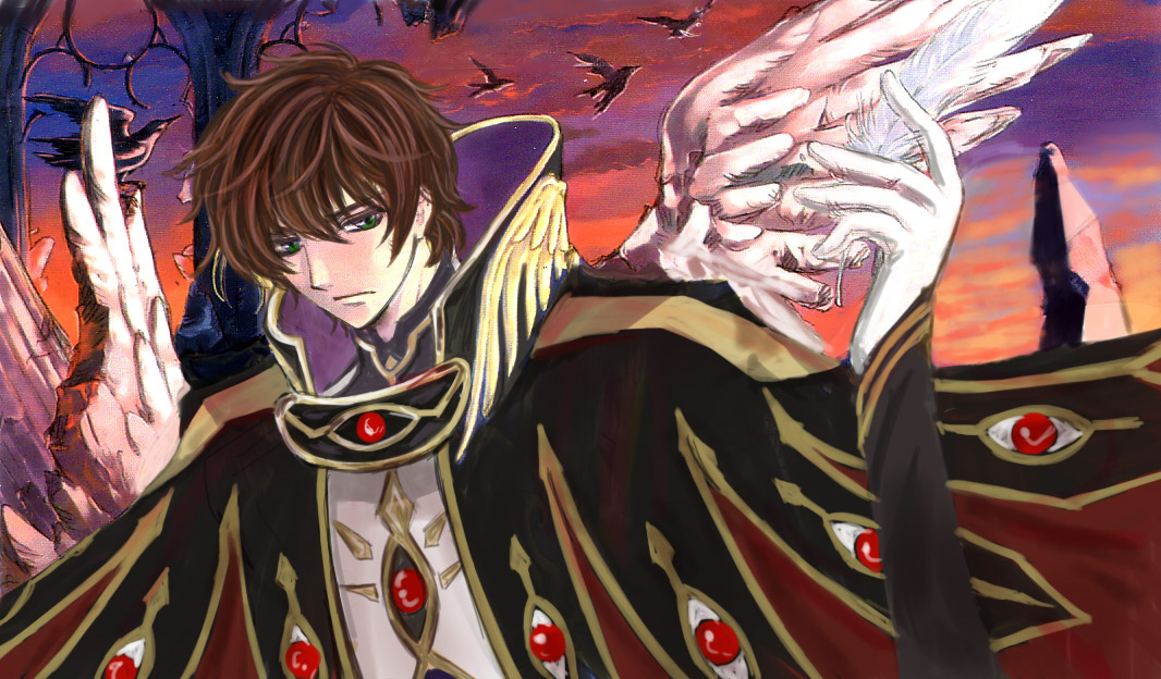 kaoru, kururugi suzaku, code geass, bad id, bad pixiv id, 00s, 1boy, bird, brown hair, cape, gloves, green eyes, male focus, outdoors, sky, solo, upper body, wings