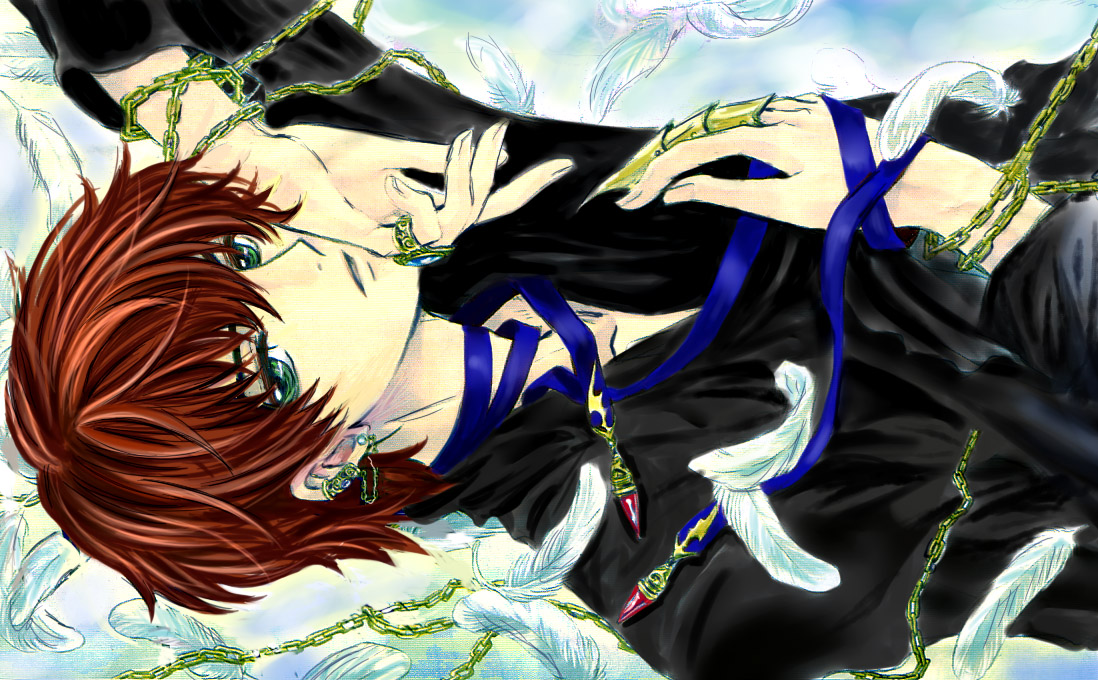 kaoru, kururugi suzaku, code geass, bad id, bad pixiv id, 00s, 1boy, brown hair, chain, earrings, feathers, green eyes, jewelry, male focus, ribbon, ring, solo
