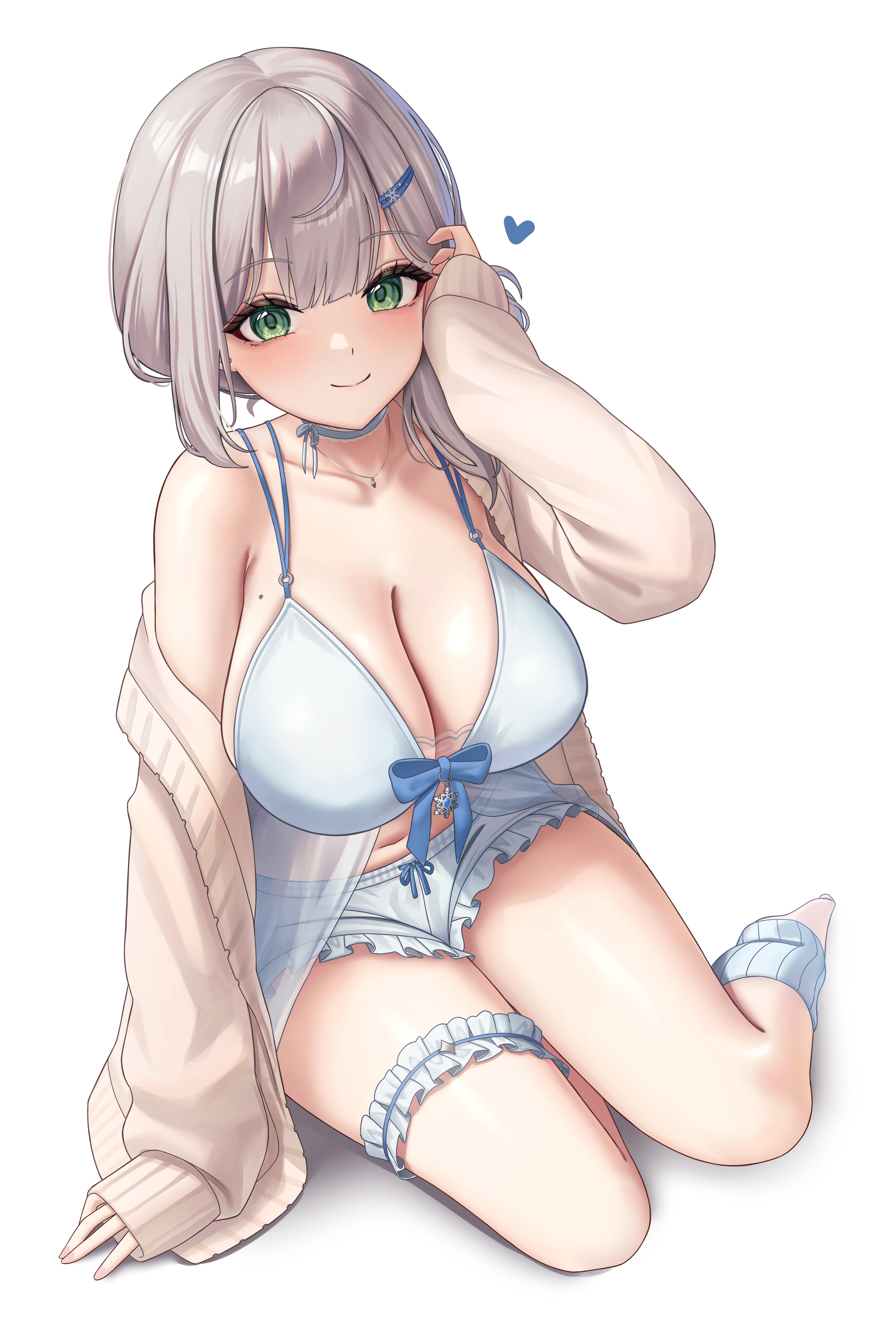 subob (subobdesu), shirogane noel, hololive, absurdres, highres, 1girl, alternate costume, bikini, blue bikini, blue shorts, blue socks, breasts, brown sweater, cleavage, closed mouth, green eyes, grey hair, hair ornament, hairpin, heart, large breasts, long hair, long sleeves, looking at viewer, mole, mole on breast, shorts, simple background, sitting, sleeves past wrists, smile, socks, solo, sweater, swimsuit, virtual youtuber, white background