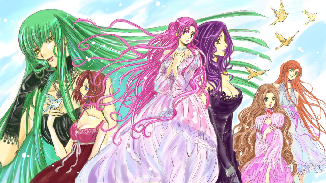 kaoru, c.c., cornelia li britannia, euphemia li britannia, kouzuki kallen, nunnally vi britannia, shirley fenette, code geass, bad id, bad pixiv id, 00s, 6+girls, bird, blue eyes, breasts, brown hair, cleavage, donut hair bun, dress, elbow gloves, gloves, green eyes, green hair, hair bun, large breasts, long hair, medium breasts, multiple girls, purple eyes, purple hair, red hair, sky, yellow eyes