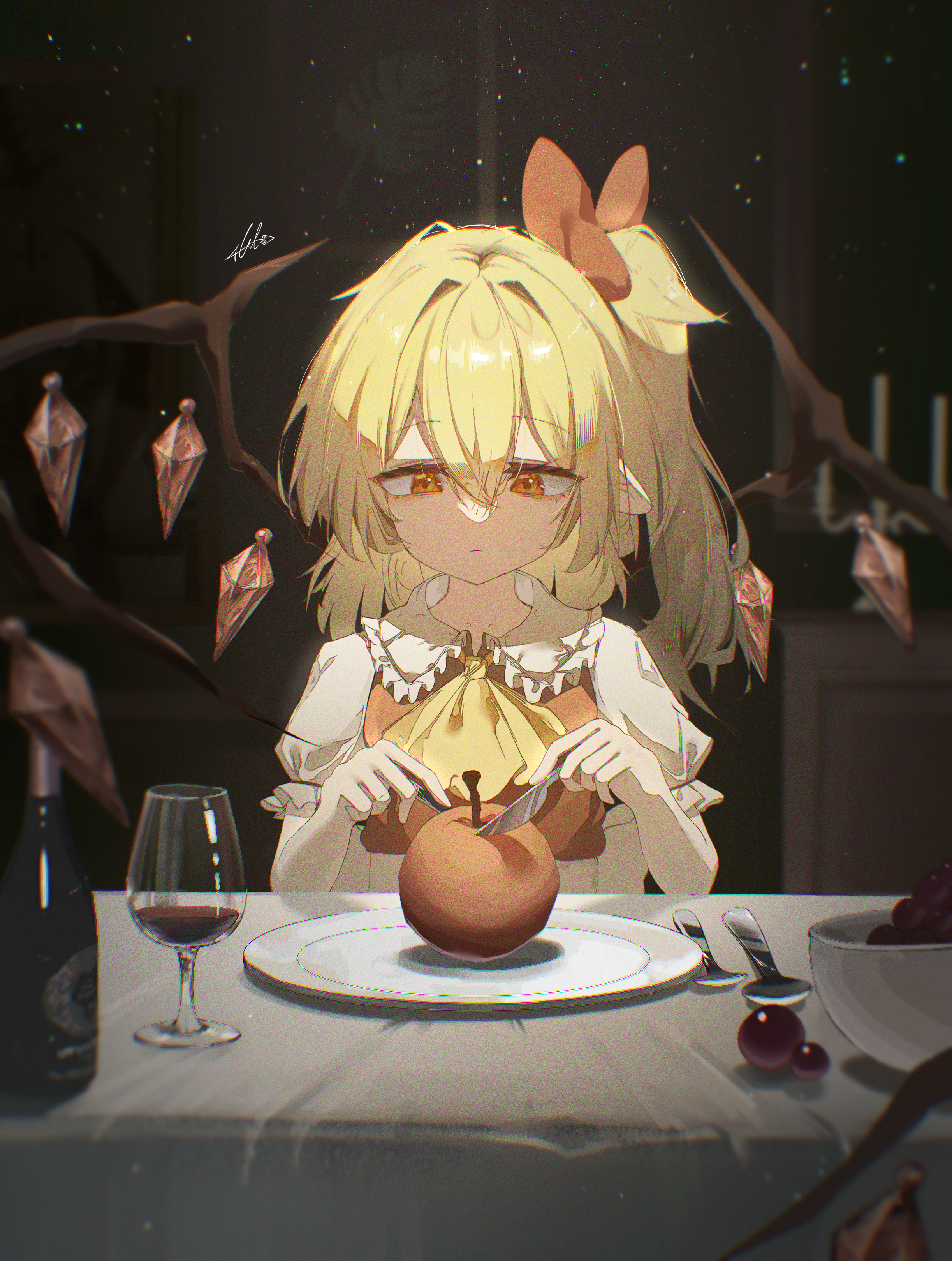 flan 5oo, flandre scarlet, touhou, absurdres, commentary, highres, 1girl, :|, alcohol, apple, ascot, blonde hair, bottle, bow, candlestand, closed mouth, crystal wings, cup, dated commentary, drinking glass, food, fork, frilled sailor collar, frilled sleeves, frills, fruit, hair between eyes, hair bow, holding, holding fork, holding knife, indoors, knife, looking at food, one side up, red bow, red eyes, red vest, sailor collar, shirt, short sleeves, signature, sitting, solo, spoon, tablecloth, upper body, vest, white shirt, wine, wine bottle, wine glass, wings, yellow ascot