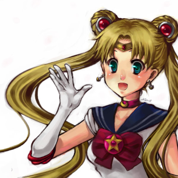 sailor moon, tsukino usagi, bishoujo senshi sailor moon, bishoujo senshi sailor moon r, jpeg artifacts, 1990s (style), 1girl, aqua eyes, blonde hair, blue sailor collar, blush, bow, brooch, choker, crescent moon, double bun, earrings, elbow gloves, female focus, gloves, hair bun, hair ornament, jewelry, long hair, magical girl, moon, necklace, red bow, retro artstyle, ribbon, sailor collar, school uniform, simple background, solo, star (symbol), star brooch, tiara, twintails, waving, white background, white gloves