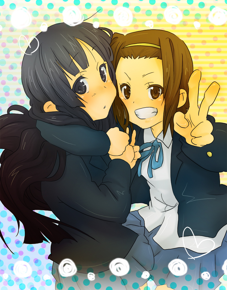 tsukimushi, akiyama mio, tainaka ritsu, k-on!, bad id, bad pixiv id, 00s, 2girls, black eyes, black hair, blunt bangs, blush, brown eyes, brown hair, grin, hairband, headband, hime cut, long hair, multiple girls, school uniform, short hair, smile