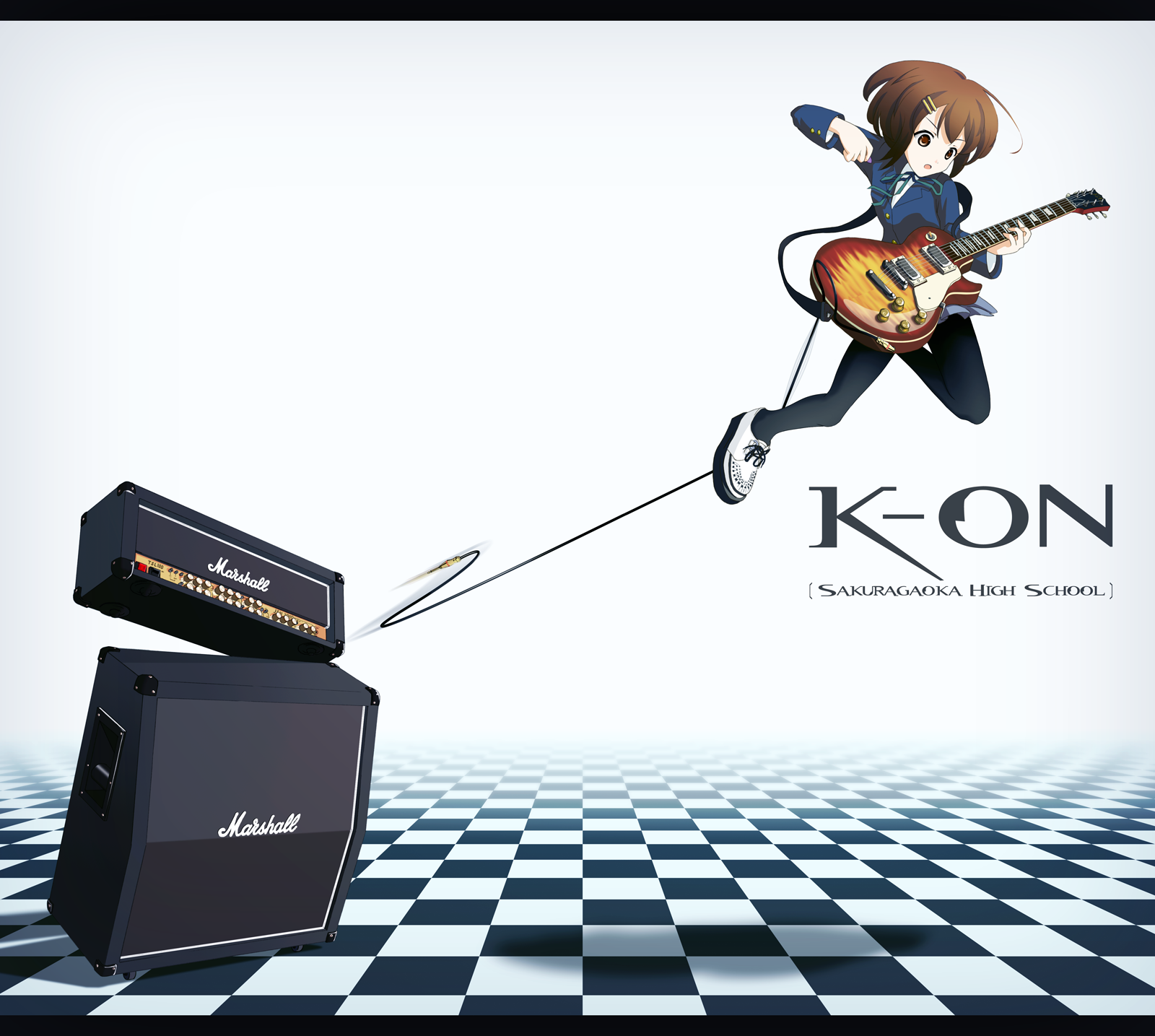 r.s.r., hirasawa yui, k-on!, bad id, bad pixiv id, highres, 00s, 1girl, amplifier, brown eyes, brown hair, cable, electric guitar, female focus, gibson les paul, guitar, hair ornament, hairpin, instrument, jumping, pantyhose, school uniform, solo