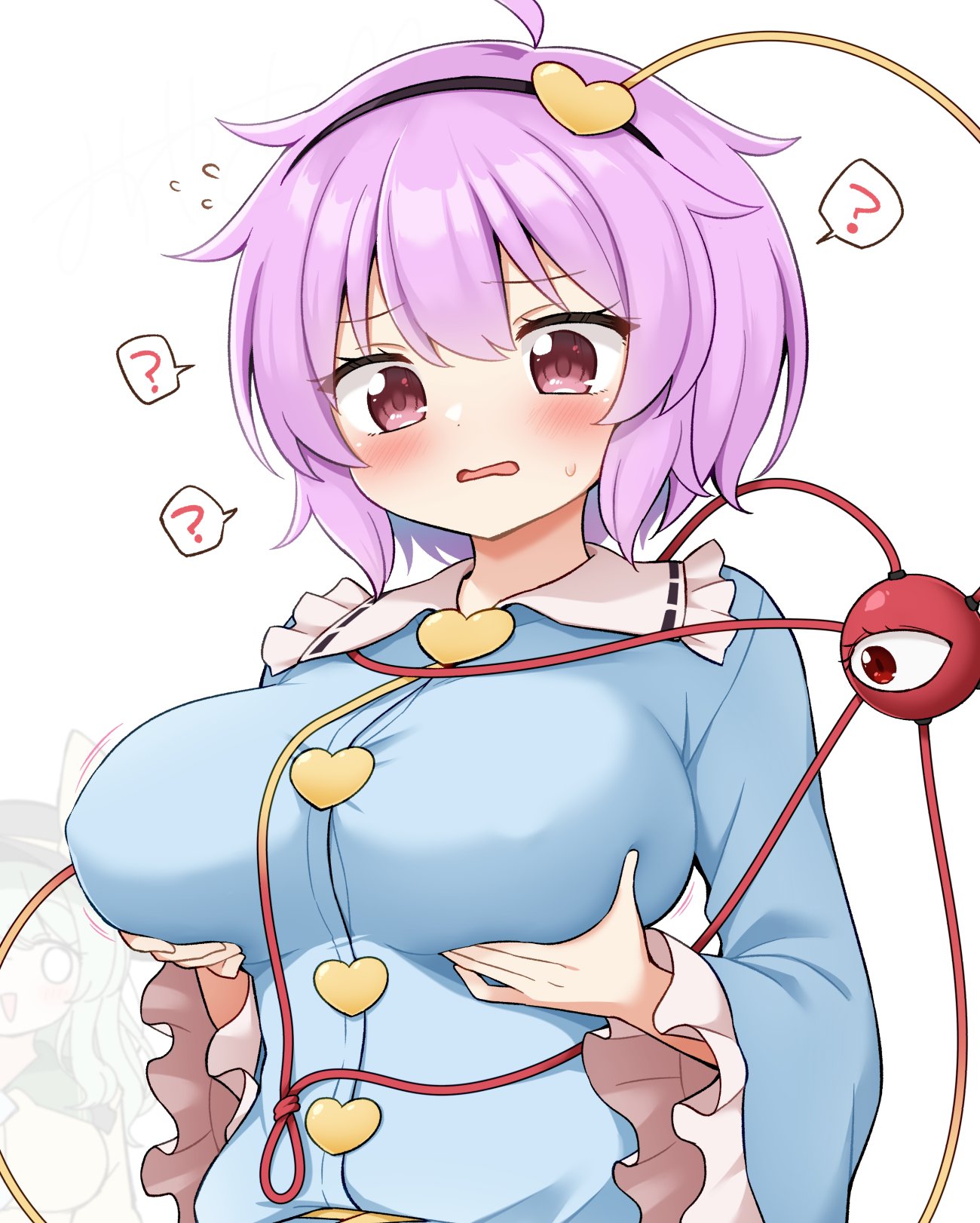 suwa yasai, komeiji satori, touhou, highres, 1girl, blush, breasts, hairband, large breasts, pink eyes, shirt, short hair, solo, third eye