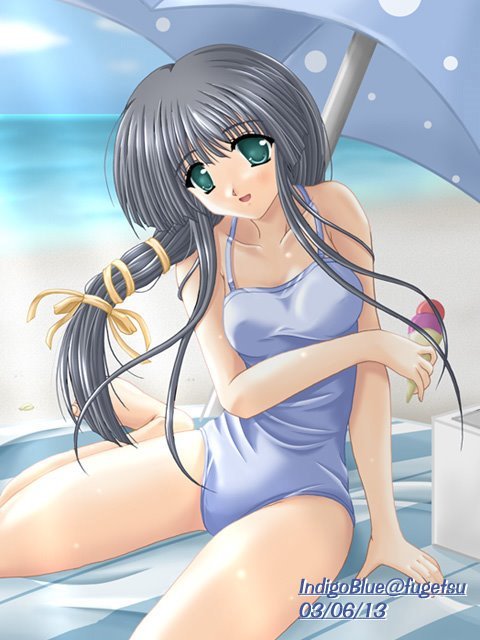 hasebe aya, comic party, 00s, beach, black hair, blush, food, green eyes, hair ribbon, ice cream, long hair, parasol, ribbon, sitting, thighhighs, umbrella