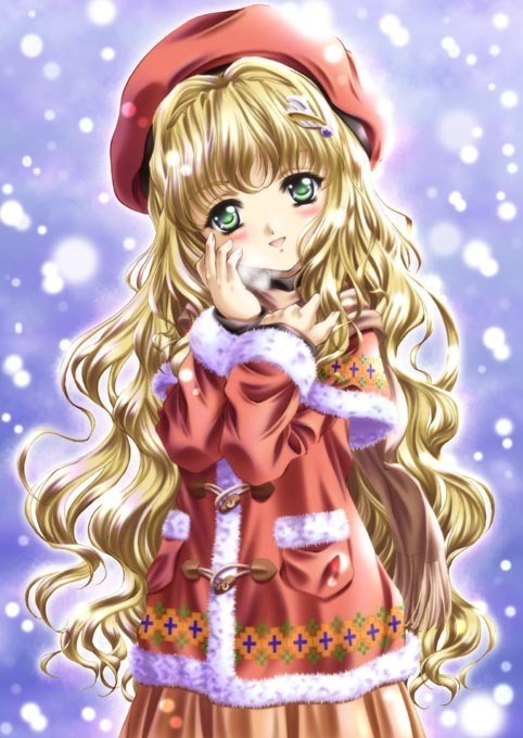 blonde hair, blush, green eyes, hat, long hair, snow, winter clothes