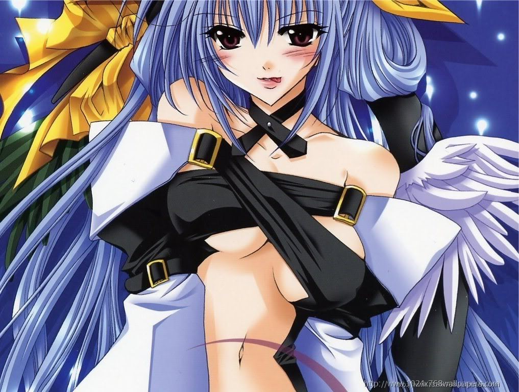 tagme, blue hair, blush, breasts, brown eyes, hair ribbon, long hair, navel, ribbon, tongue, wings