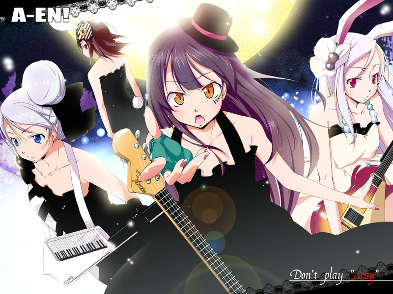 natsumi akira, akiyama mio, hirasawa yui, houraisan kaguya, inaba tewi, kotobuki tsumugi, reisen udongein inaba, shameimaru aya, tainaka ritsu, yagokoro eirin, don't say "lazy", k-on!, touhou, 4girls, akiyama mio (cosplay), cosplay, female focus, hair bun, hat, hirasawa yui (cosplay), kotobuki tsumugi (cosplay), mini hat, mini top hat, multiple girls, nail polish, parody, pink nails, single hair bun, tainaka ritsu (cosplay), top hat