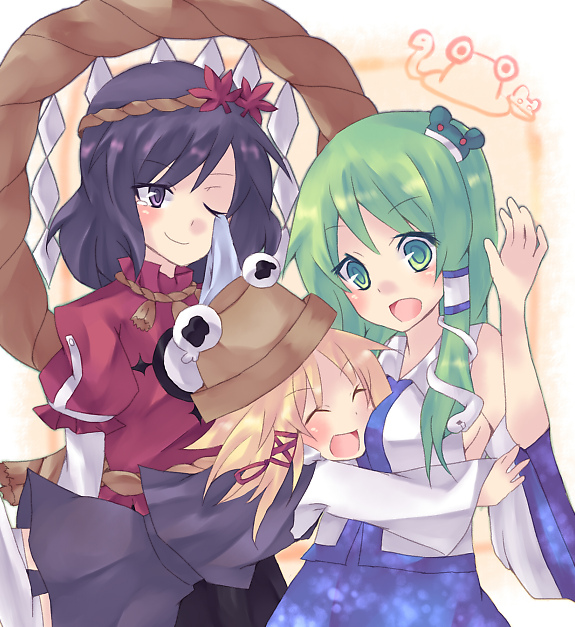 nonaka, kochiya sanae, moriya suwako, yasaka kanako, touhou, bad id, bad pixiv id, 3girls, blonde hair, detached sleeves, female focus, frog, green eyes, green hair, hair ornament, hat, leaf hair ornament, multiple girls, rope, shide, shimenawa, short hair, snake